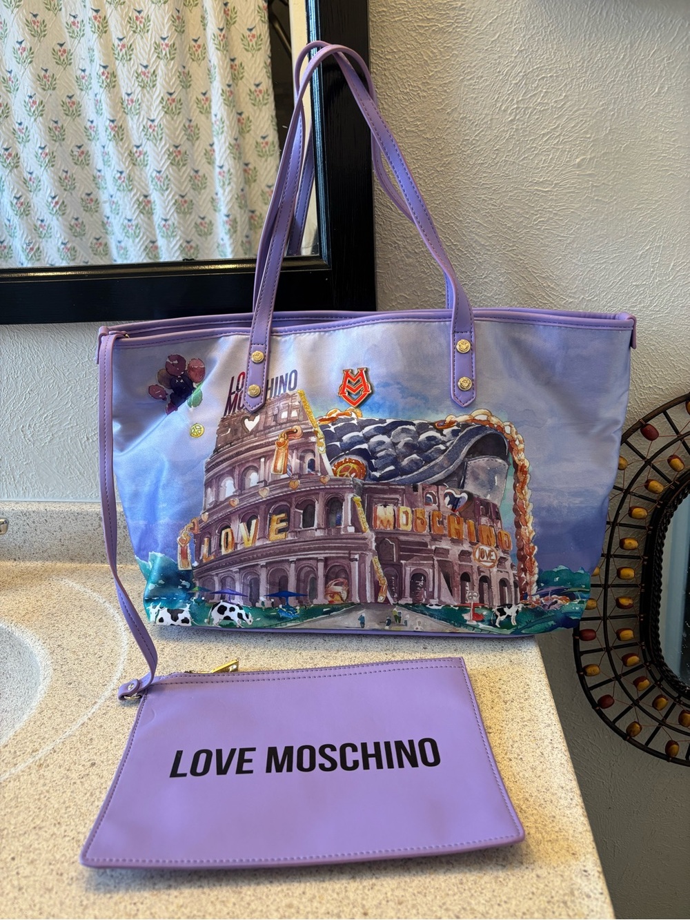 Love Moschino Lavender Tote with Colorful Architectural Print and Matching Pouch